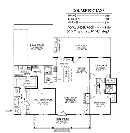 Country, Craftsman, Farmhouse House Plan 41438 with 3 Beds, 3 Baths, 2 Car Garage First Level Plan