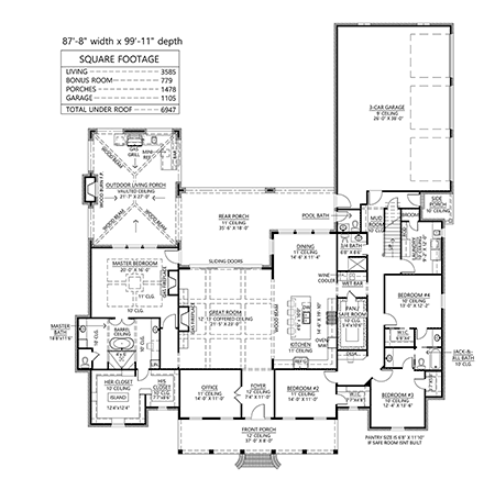 Acadian, French Country House Plan 41441 with 4 Beds, 4 Baths, 3 Car Garage First Level Plan