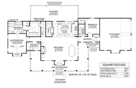Country, Farmhouse House Plan 41442 with 4 Beds, 3 Baths, 2 Car Garage First Level Plan