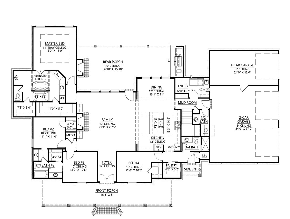 Acadian French Country Southern Level One of Plan 41451