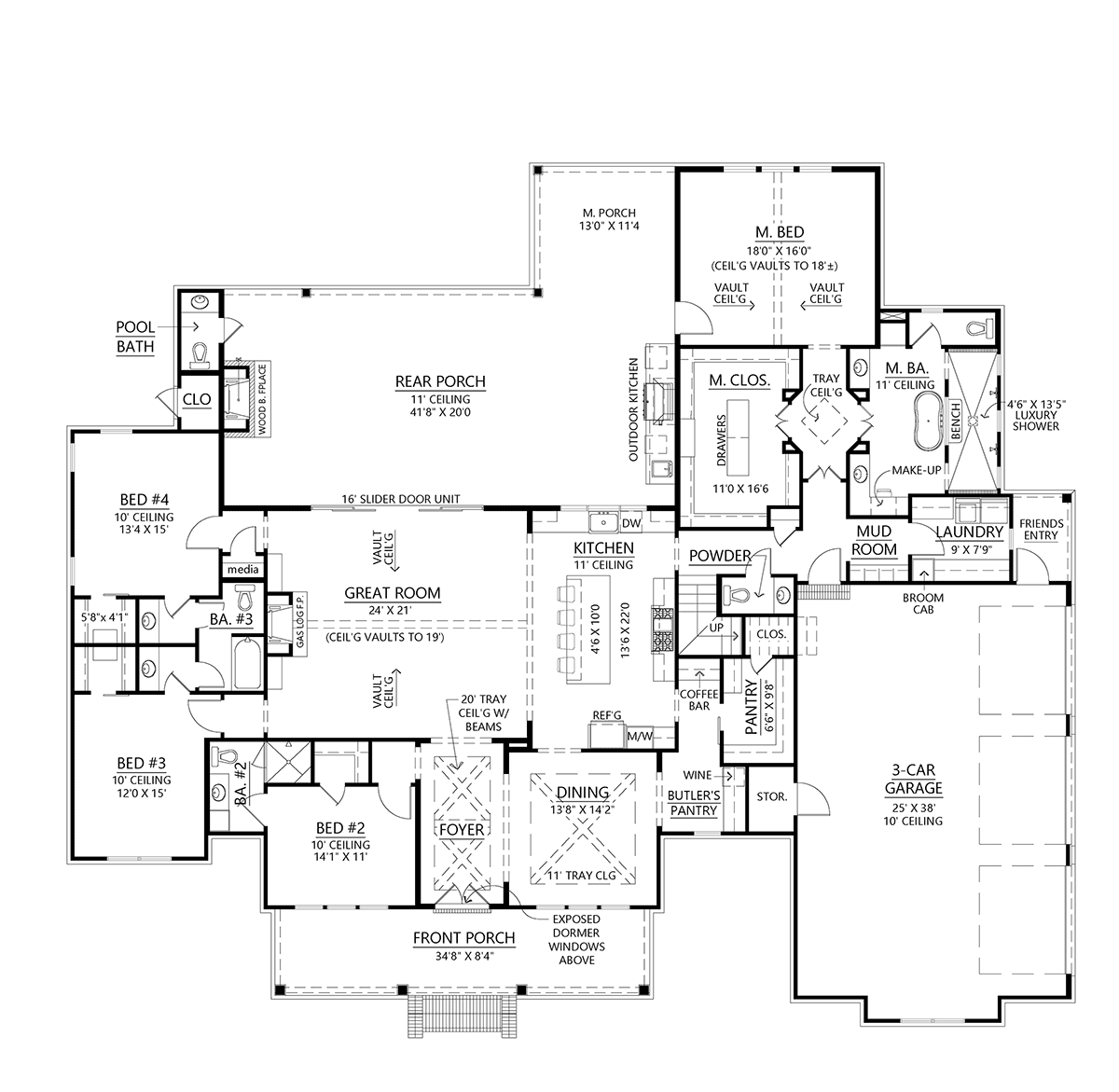 Farmhouse New American Style One-Story Ranch Level One of Plan 41467