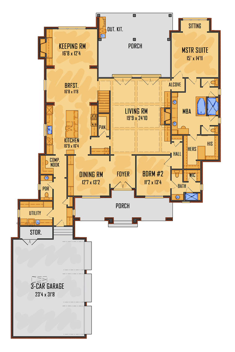 Colonial European French Country Southern Level One of Plan 41553