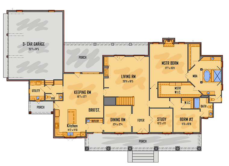 Colonial European French Country Southern Level One of Plan 41587