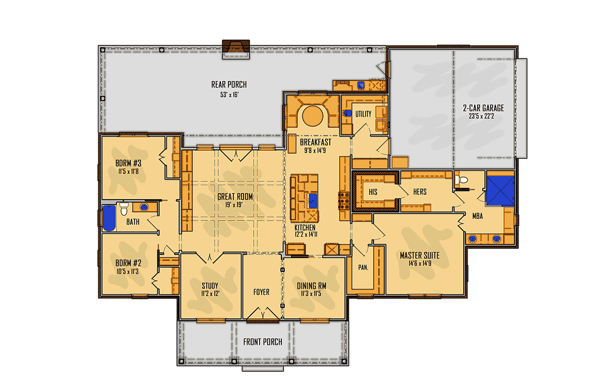 Bungalow Cottage Country Farmhouse Ranch Southern Southwest Traditional Level One of Plan 41676