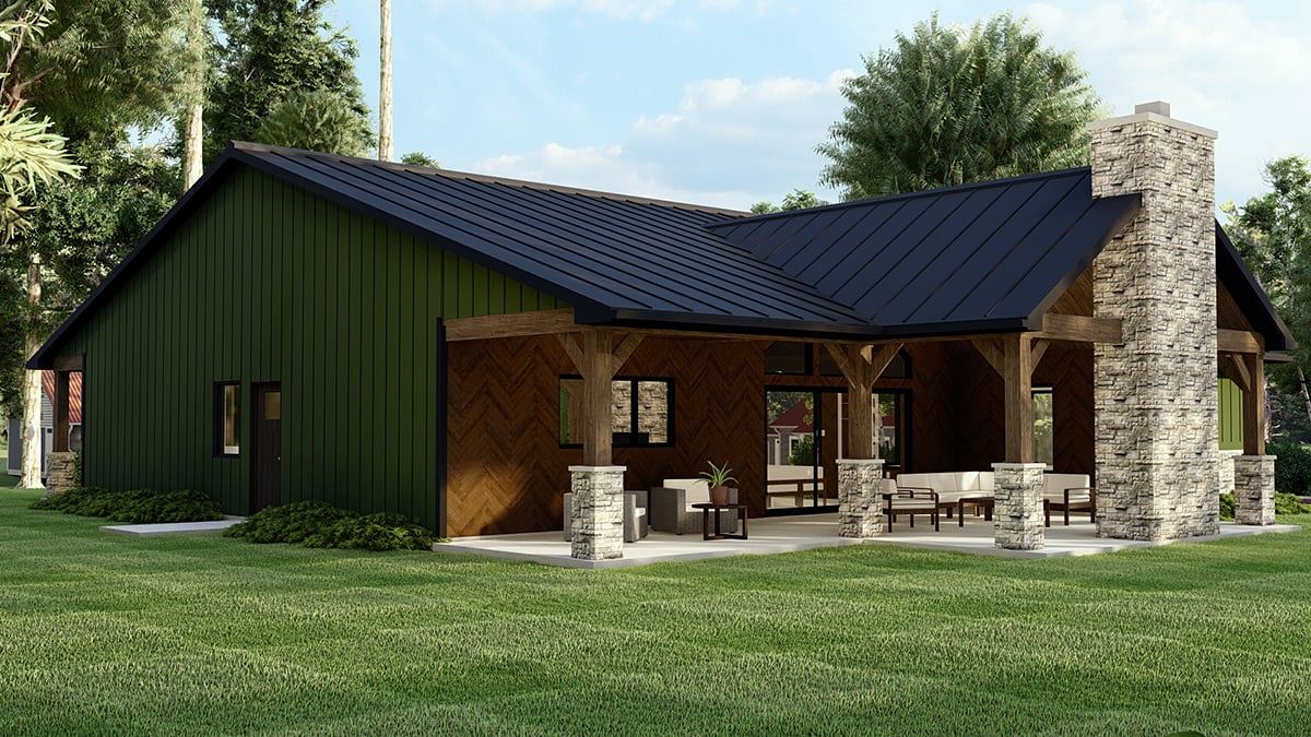 Barndominium, Bungalow, Craftsman Plan with 2030 Sq. Ft., 3 Bedrooms, 2 Bathrooms Rear Elevation