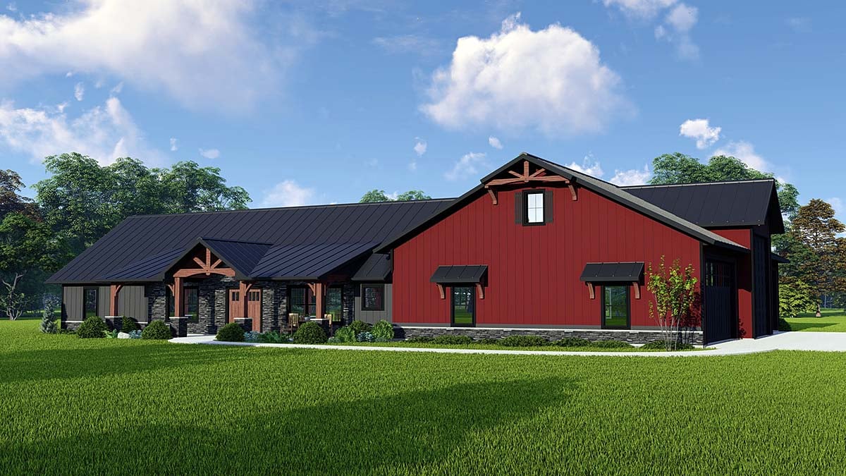 Barndominium, Country, Craftsman, Farmhouse, Ranch Plan with 2016 Sq. Ft., 3 Bedrooms, 3 Bathrooms, 5 Car Garage Elevation