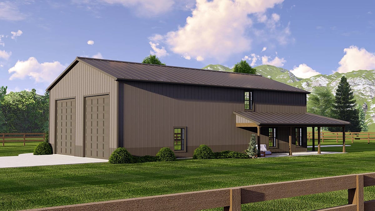 Barndominium Plan with 1649 Sq. Ft., 2 Bedrooms, 3 Bathrooms, 2 Car Garage Rear Elevation