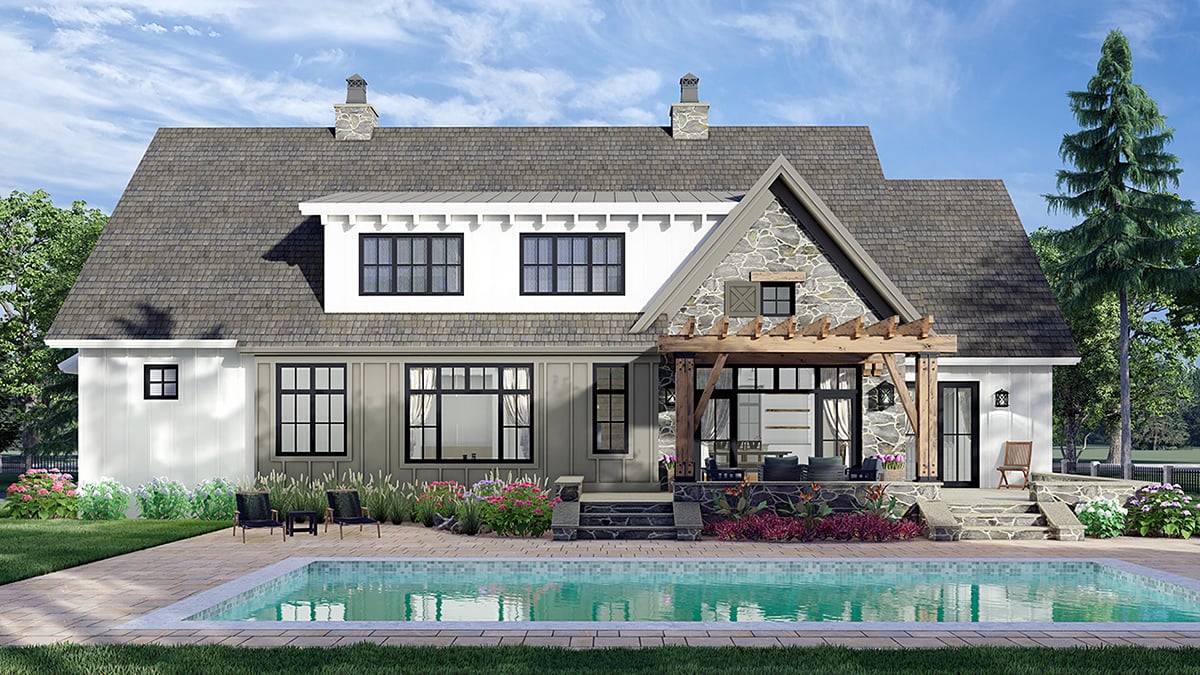 Farmhouse Plan with 2655 Sq. Ft., 4 Bedrooms, 4 Bathrooms, 2 Car Garage Rear Elevation