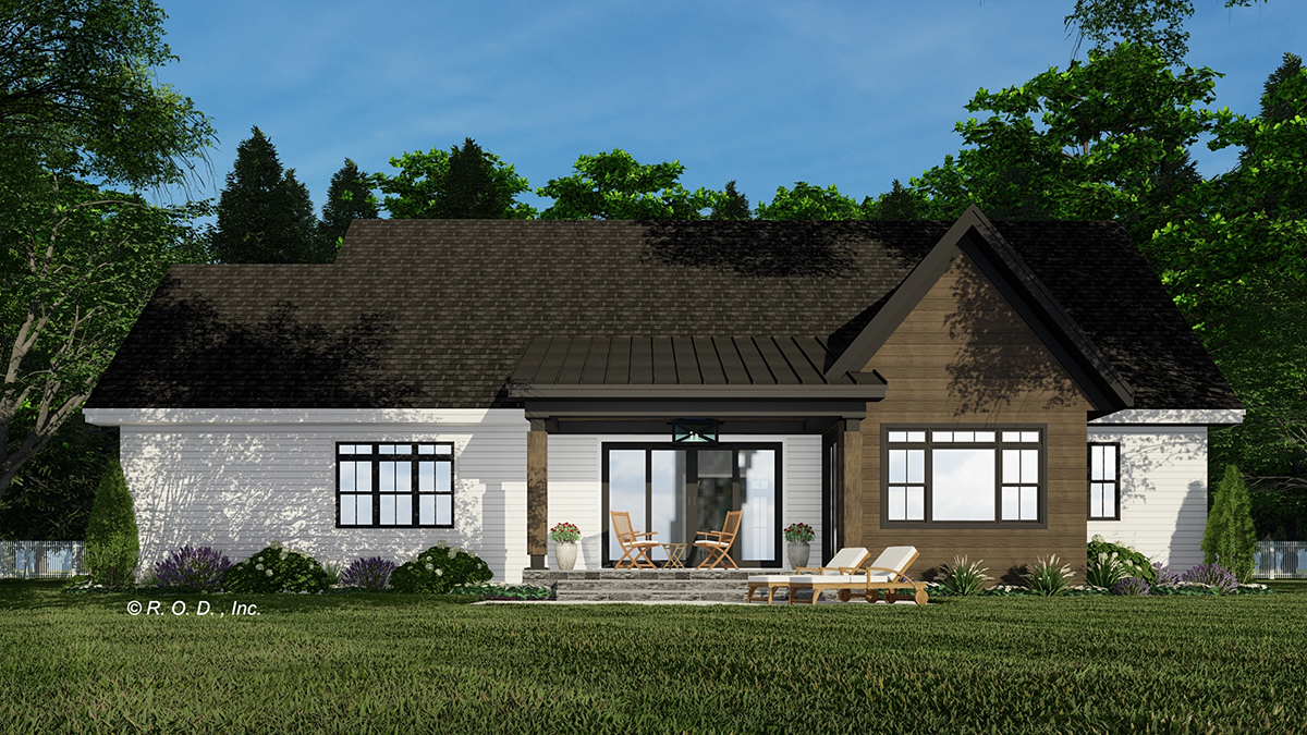 Country, Farmhouse Plan with 2137 Sq. Ft., 3 Bedrooms, 3 Bathrooms, 2 Car Garage Rear Elevation