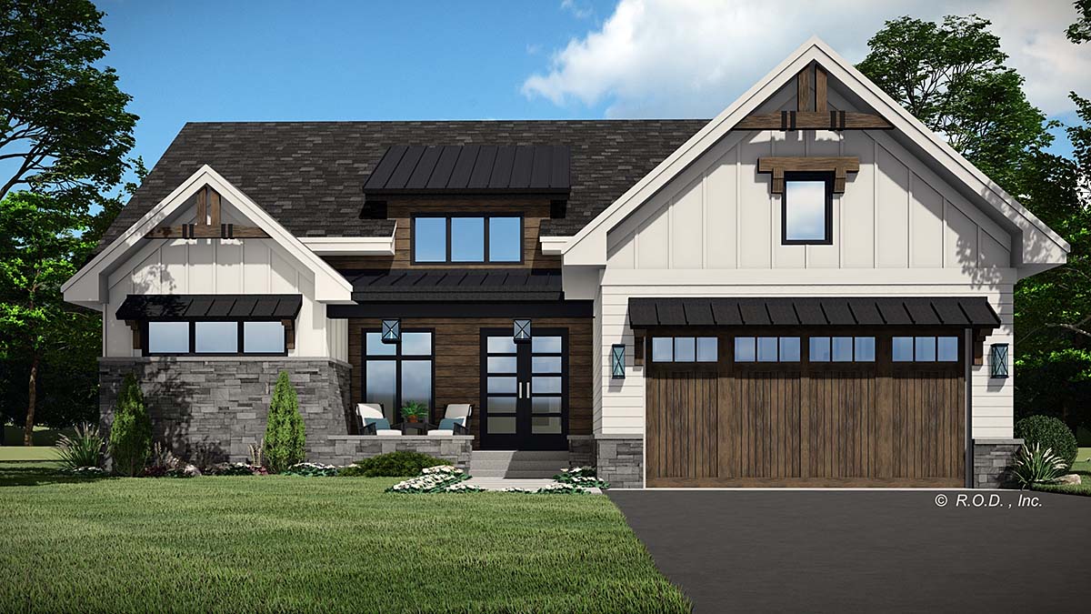 Contemporary, Farmhouse Plan with 1684 Sq. Ft., 2 Bedrooms, 2 Bathrooms, 2 Car Garage Elevation
