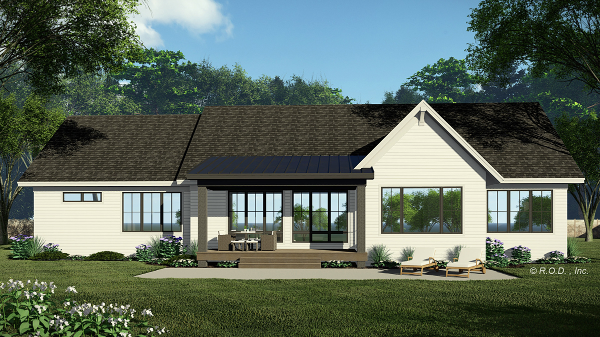 Country, Traditional Plan with 2554 Sq. Ft., 2 Bedrooms, 2 Bathrooms, 3 Car Garage Rear Elevation