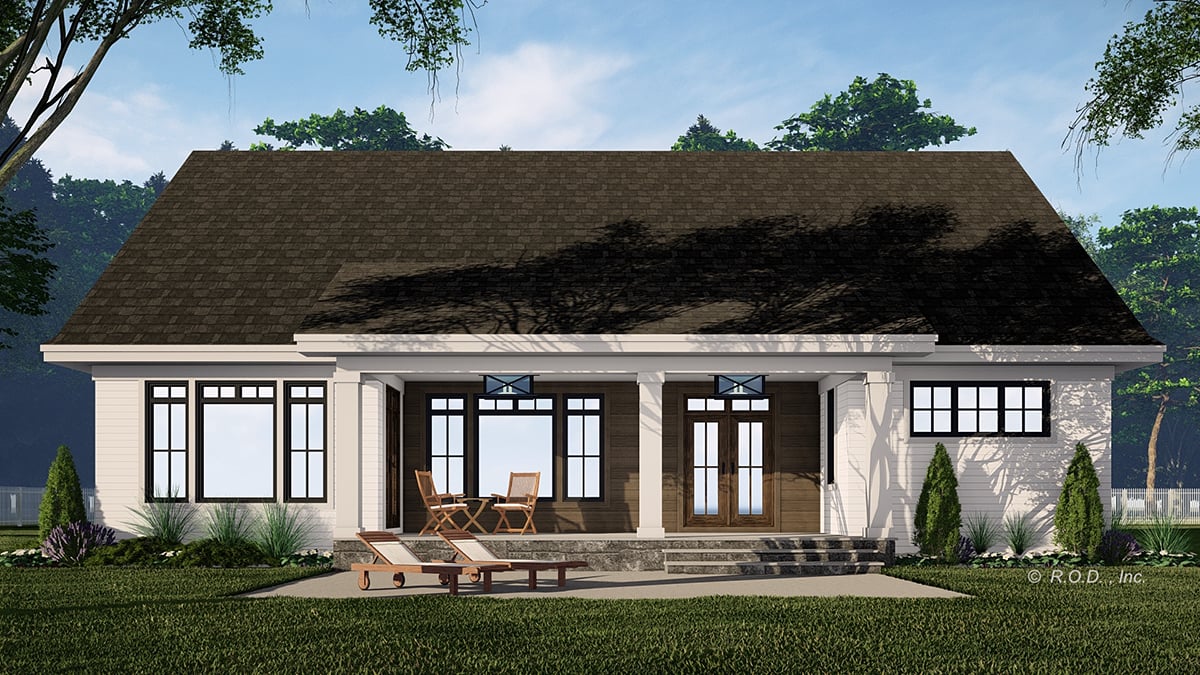 Farmhouse Plan with 2013 Sq. Ft., 3 Bedrooms, 3 Bathrooms, 2 Car Garage Rear Elevation