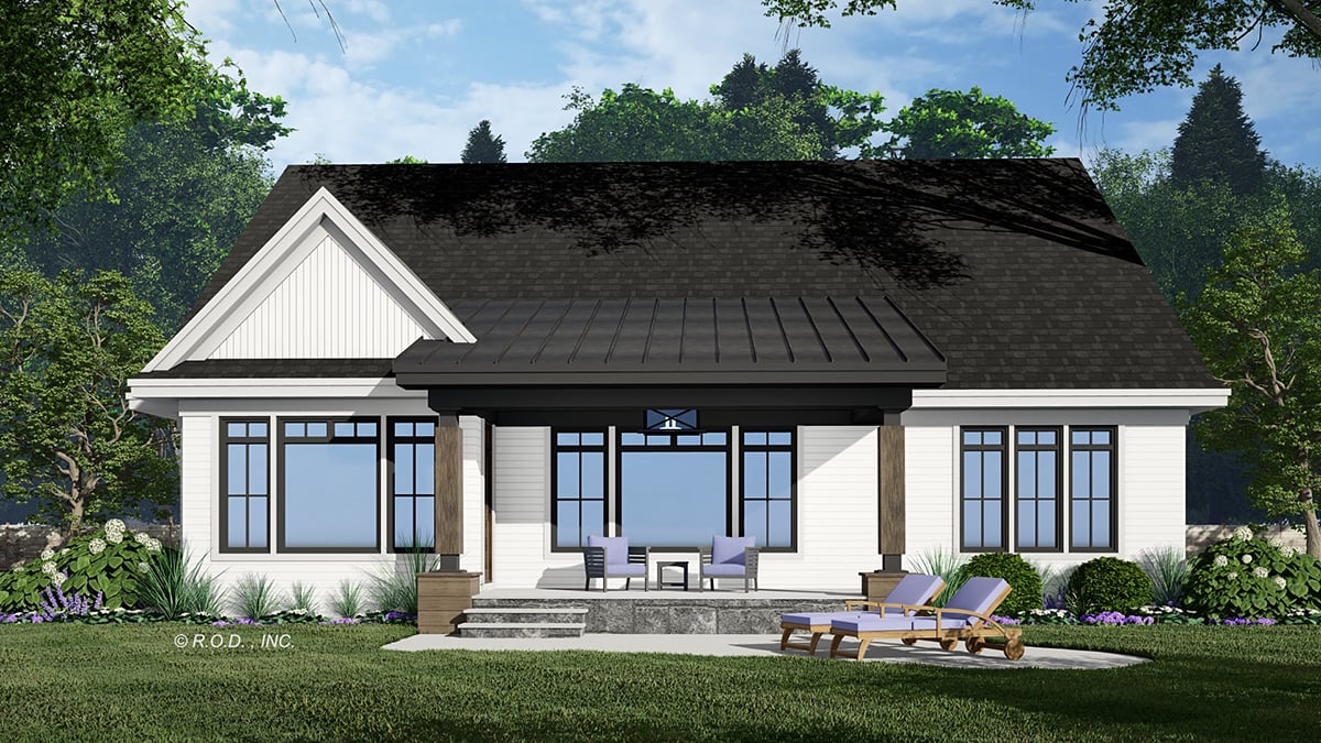 Farmhouse Plan with 2237 Sq. Ft., 2 Bedrooms, 3 Bathrooms, 2 Car Garage Rear Elevation