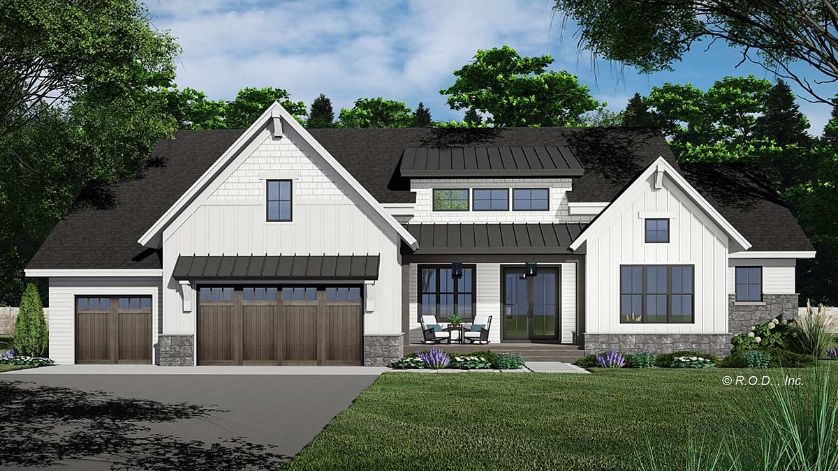 Contemporary, Farmhouse, New American Style Plan with 2176 Sq. Ft., 2 Bedrooms, 3 Bathrooms, 3 Car Garage Elevation