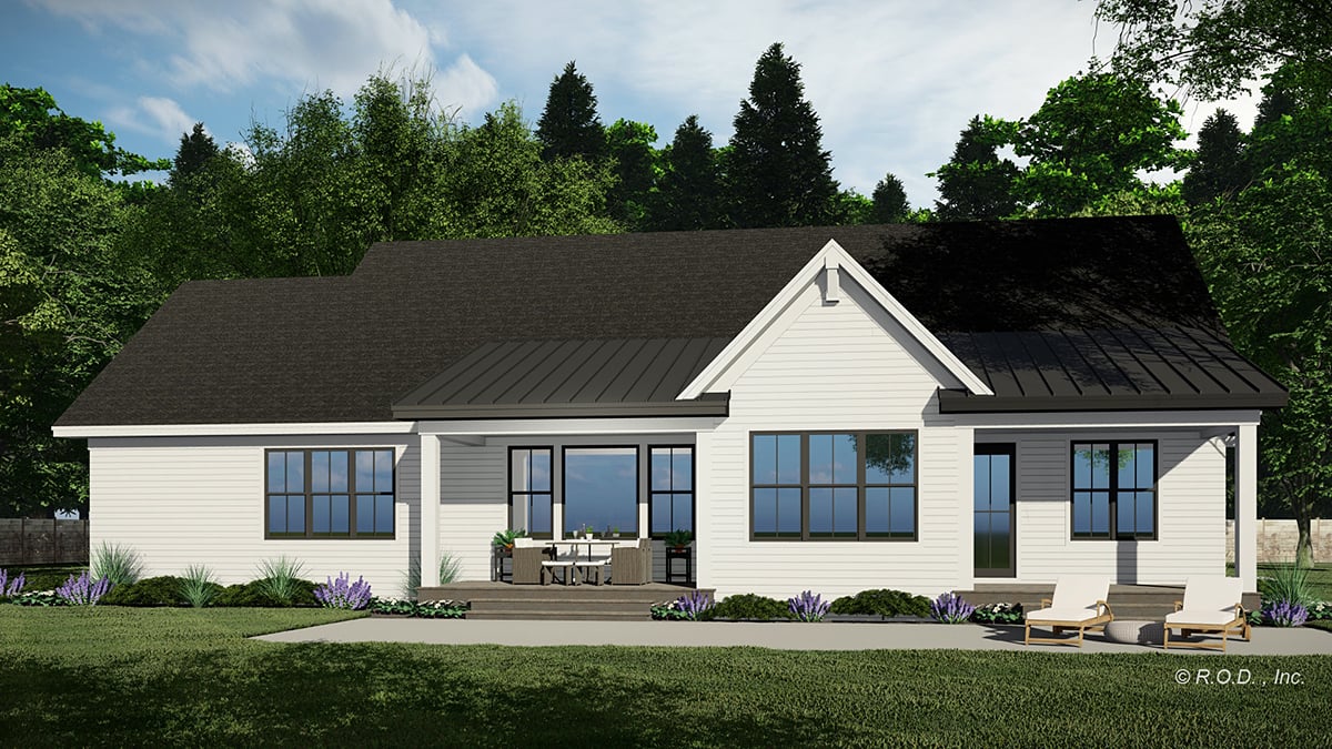 Contemporary, Farmhouse, New American Style Plan with 2176 Sq. Ft., 2 Bedrooms, 3 Bathrooms, 3 Car Garage Rear Elevation