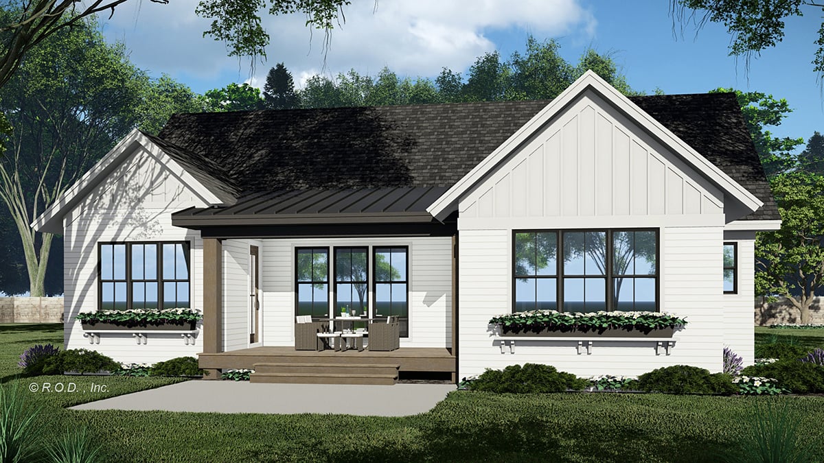 Contemporary, Craftsman, Farmhouse, New American Style Plan with 1952 Sq. Ft., 3 Bedrooms, 2 Bathrooms, 2 Car Garage Rear Elevation