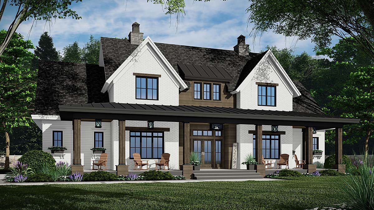 Contemporary, Country, Farmhouse Plan with 3482 Sq. Ft., 4 Bedrooms, 4 Bathrooms, 3 Car Garage Elevation