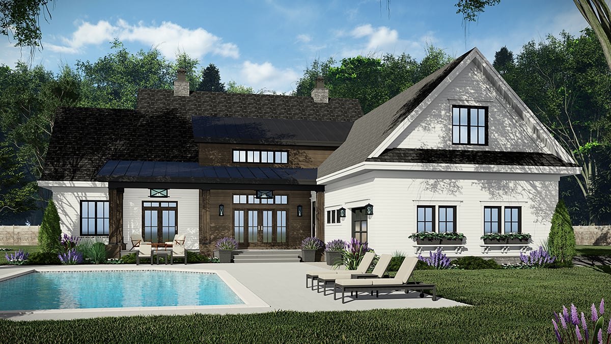 Contemporary, Country, Farmhouse Plan with 3482 Sq. Ft., 4 Bedrooms, 4 Bathrooms, 3 Car Garage Rear Elevation