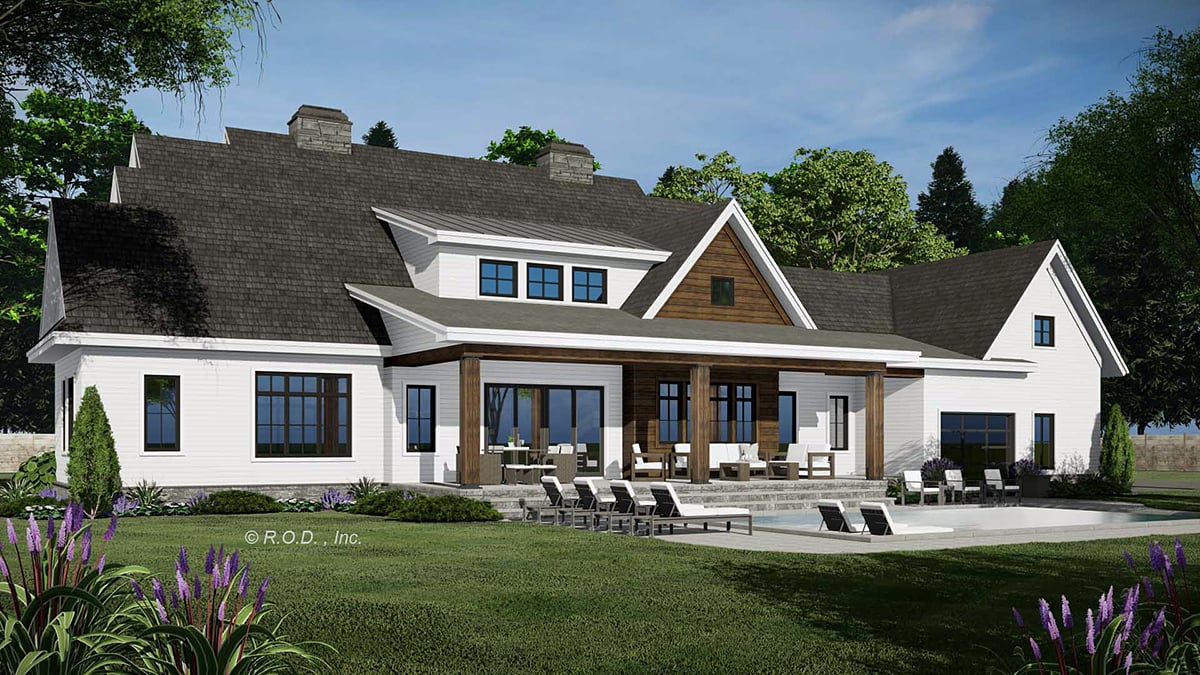 Country, Craftsman, Farmhouse Plan with 3235 Sq. Ft., 5 Bedrooms, 4 Bathrooms, 3 Car Garage Rear Elevation