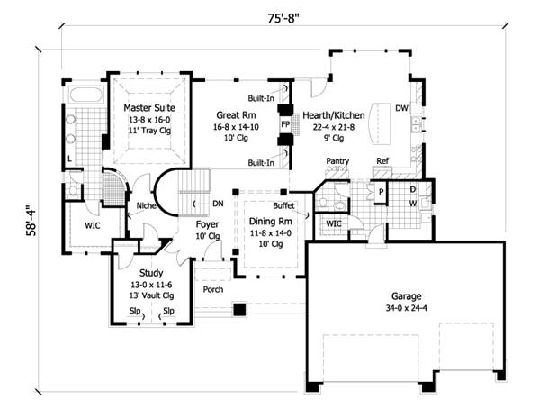 European One-Story Ranch Traditional Level One of Plan 42028