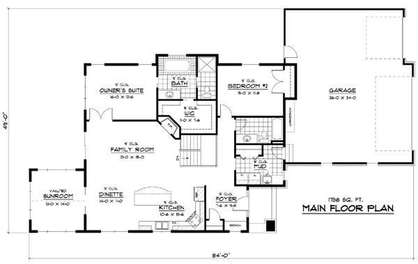European One-Story Ranch Traditional Level One of Plan 42055