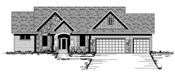 Craftsman, One-Story, Traditional, Tudor Plan with 1632 Sq. Ft., 3 Bedrooms, 2 Bathrooms, 3 Car Garage Elevation