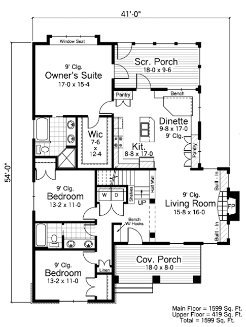 Cottage Ranch Traditional Level One of Plan 42500