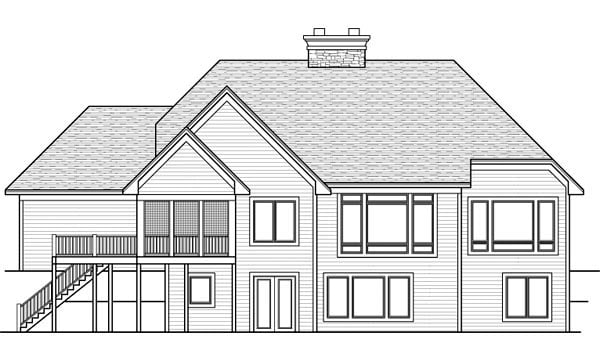 European, Ranch, Traditional Plan with 2143 Sq. Ft., 1 Bedrooms, 2 Bathrooms, 3 Car Garage Rear Elevation