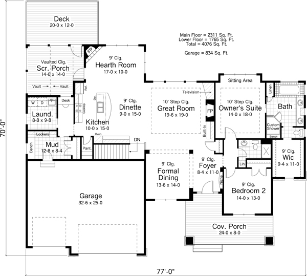 Craftsman Ranch Traditional Level One of Plan 42509