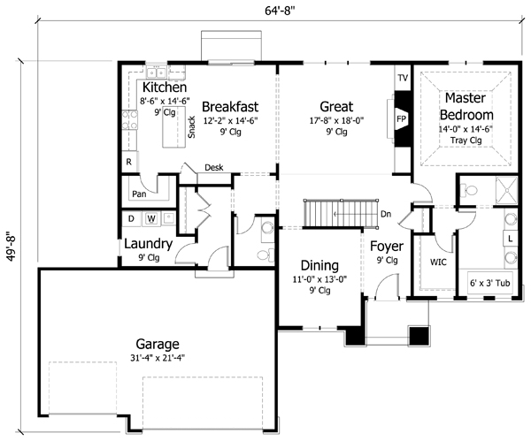 Cottage Country Craftsman European Ranch Traditional Level One of Plan 42547