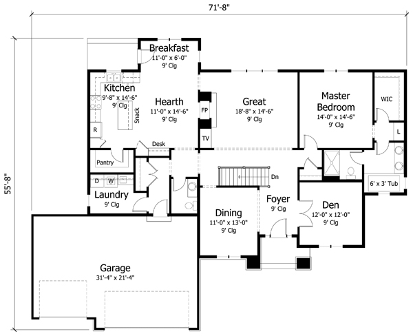 Cottage Country Craftsman European Ranch Traditional Level One of Plan 42552