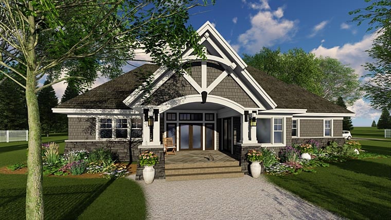 Bungalow, Cottage, Country, Craftsman, Tudor Plan with 2465 Sq. Ft., 3 Bedrooms, 3 Bathrooms, 2 Car Garage Rear Elevation