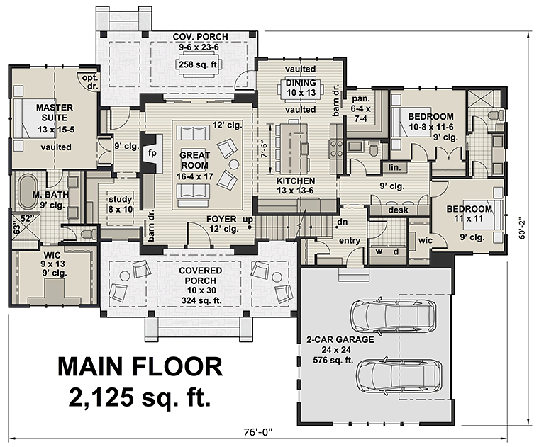 Country Farmhouse Southern Traditional Level One of Plan 42688