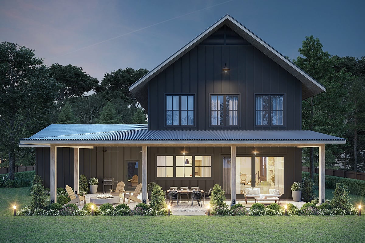 Country, Farmhouse Plan with 2380 Sq. Ft., 4 Bedrooms, 3 Bathrooms, 2 Car Garage Rear Elevation