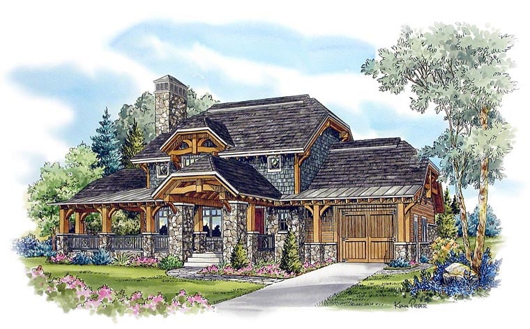 Country, Craftsman, Log Plan with 1930 Sq. Ft., 2 Bedrooms, 3 Bathrooms, 2 Car Garage Elevation