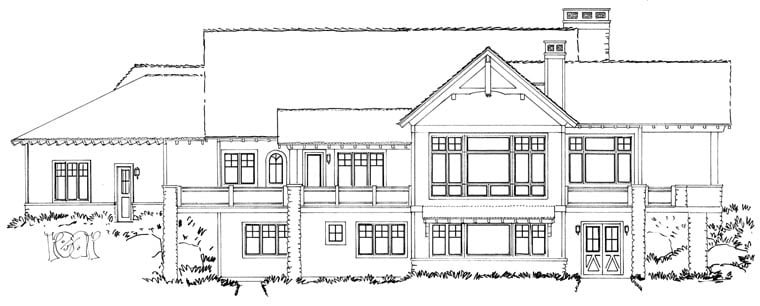 Craftsman, European, Tudor Plan with 4125 Sq. Ft., 4 Bedrooms, 5 Bathrooms, 3 Car Garage Rear Elevation