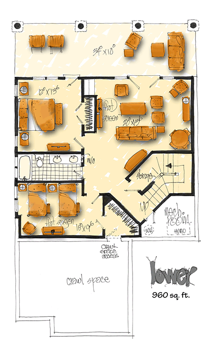 Bungalow Country Craftsman Lower Level of Plan 43222