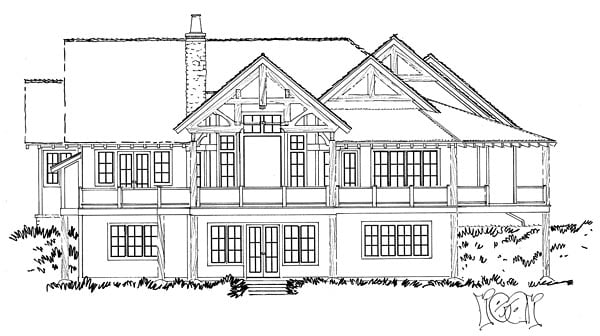 Country, Craftsman, Tudor Plan with 4100 Sq. Ft., 3 Bedrooms, 5 Bathrooms, 3 Car Garage Rear Elevation