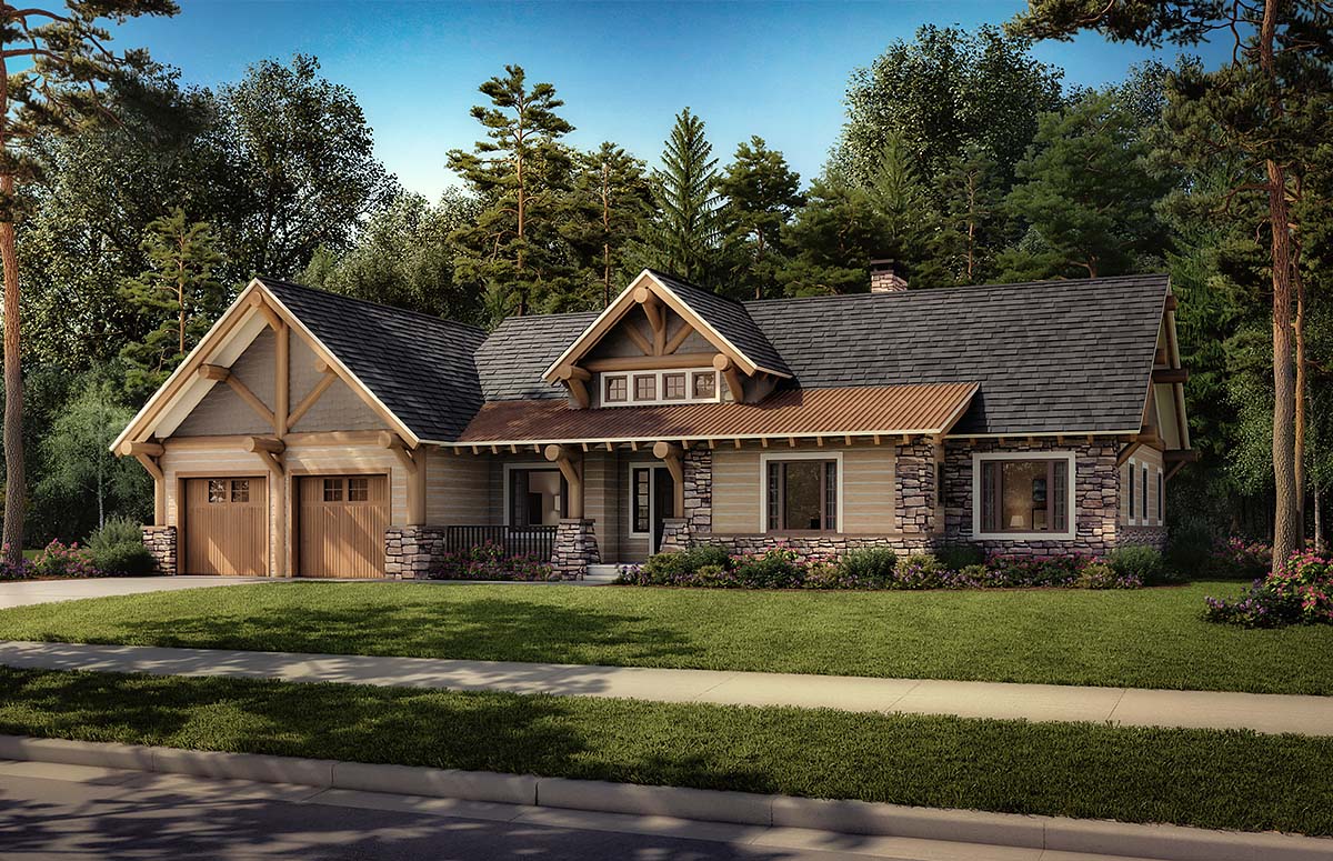 Bungalow, Cabin, Craftsman, Log Plan with 1416 Sq. Ft., 3 Bedrooms, 2 Bathrooms, 2 Car Garage Elevation