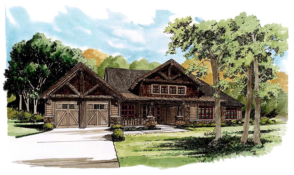 Bungalow, Cabin, Craftsman, Log Plan with 1416 Sq. Ft., 3 Bedrooms, 2 Bathrooms, 2 Car Garage Picture 2
