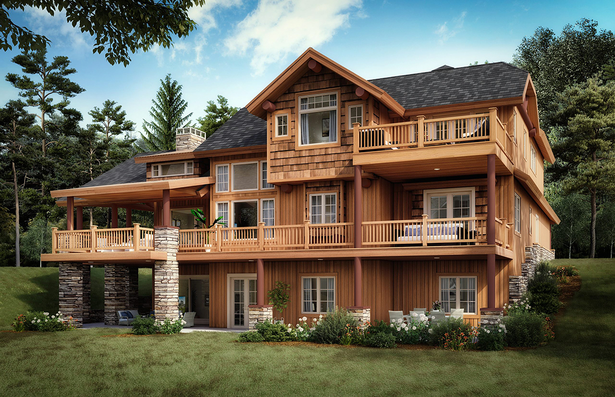 Country, Log Plan with 3240 Sq. Ft., 3 Bedrooms, 4 Bathrooms, 2 Car Garage Rear Elevation