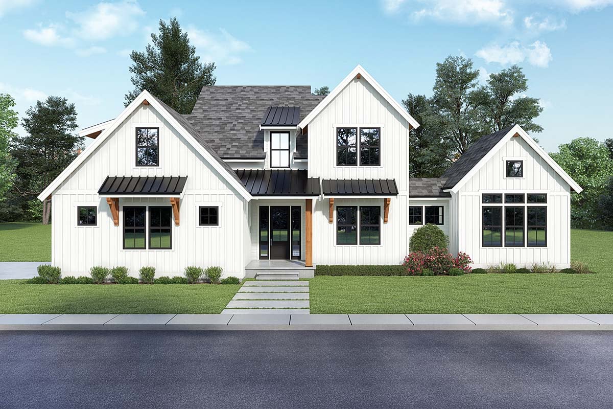 Contemporary, Country, Farmhouse Plan with 3635 Sq. Ft., 3 Bedrooms, 3 Bathrooms, 2 Car Garage Elevation