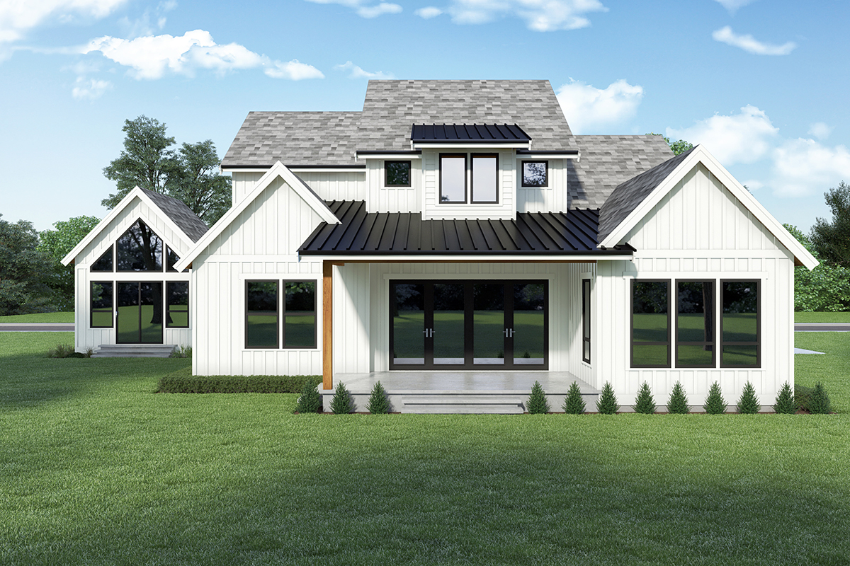 Contemporary, Country, Farmhouse Plan with 3635 Sq. Ft., 3 Bedrooms, 3 Bathrooms, 2 Car Garage Rear Elevation