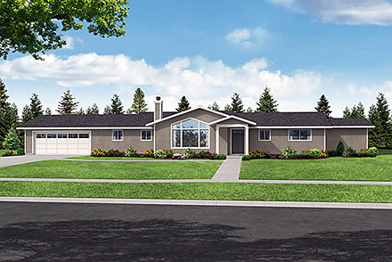 Prairie Style Ranch Southwest Elevation of Plan 43727