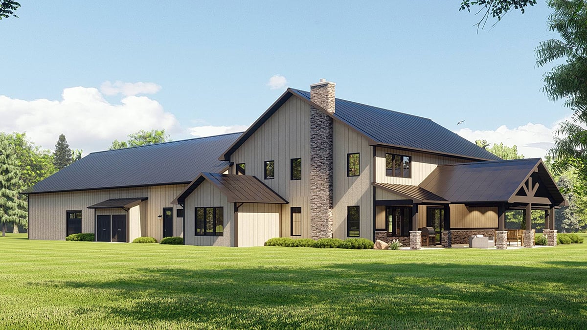 Barndominium Plan with 4121 Sq. Ft., 3 Bedrooms, 5 Bathrooms, 4 Car Garage Rear Elevation