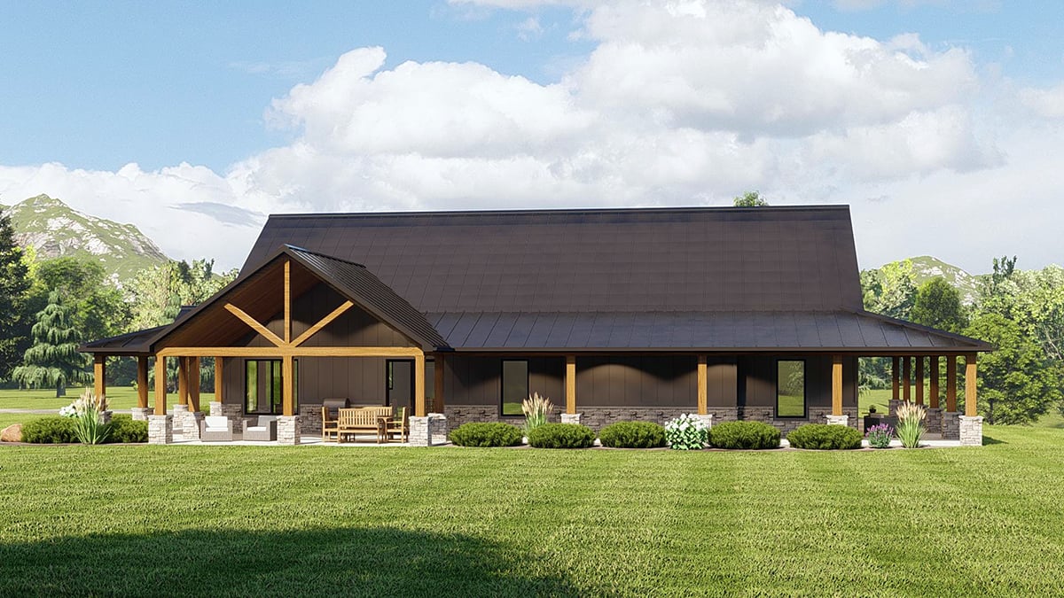 Barndominium, Country Plan with 3079 Sq. Ft., 3 Bedrooms, 3 Bathrooms, 2 Car Garage Rear Elevation