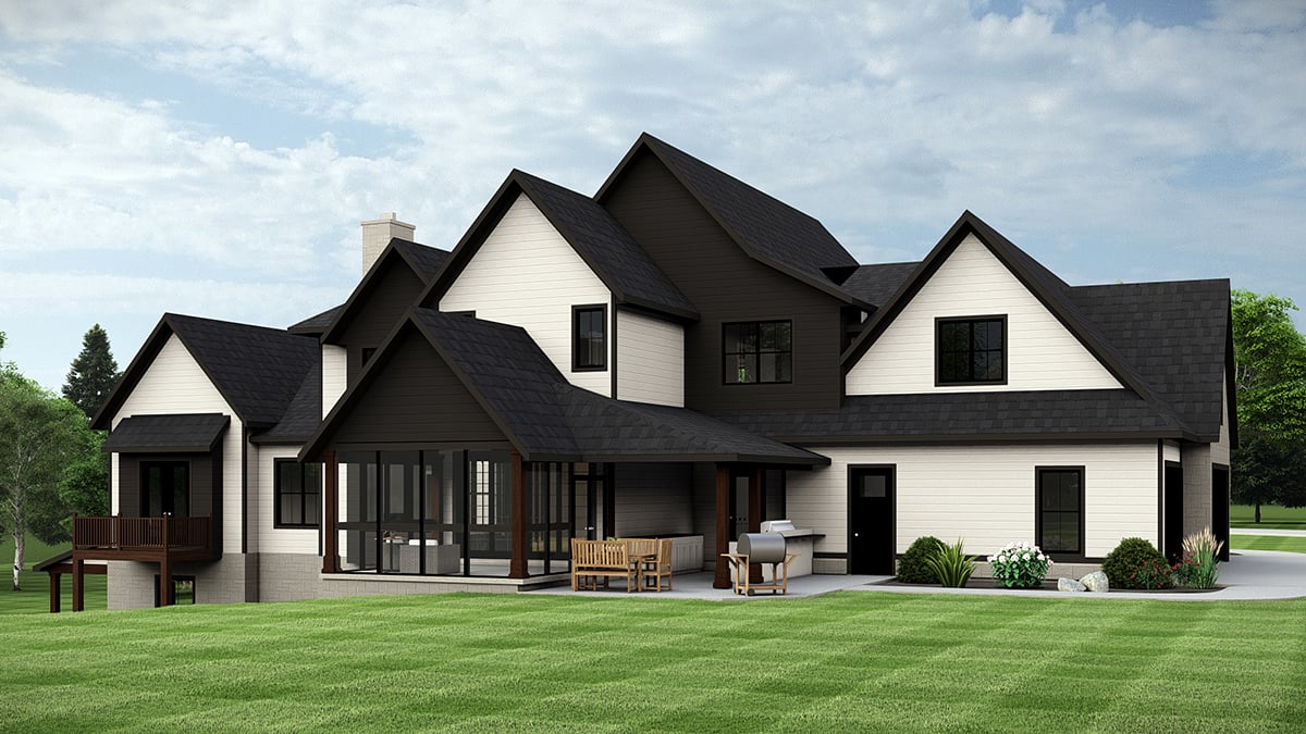 Country, Craftsman, European Plan with 4158 Sq. Ft., 5 Bedrooms, 4 Bathrooms, 4 Car Garage Rear Elevation