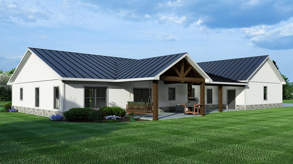 Country, Farmhouse, Ranch Plan with 2221 Sq. Ft., 3 Bedrooms, 3 Bathrooms, 4 Car Garage Rear Elevation