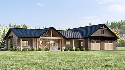 Barndominium, Country, Ranch House Plan 43993 with 3 Beds, 2 Baths, 4 Car Garage