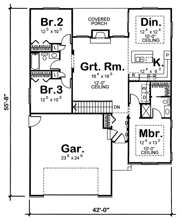 One-Story Ranch Traditional Level One of Plan 44007